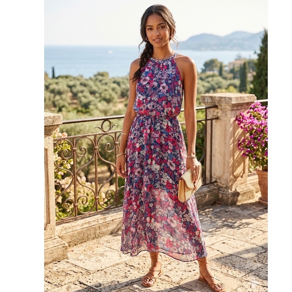 BCBG Paris Blue Floral Halter Maxi Dress Pink White Flowers XS Whimsical Fairy